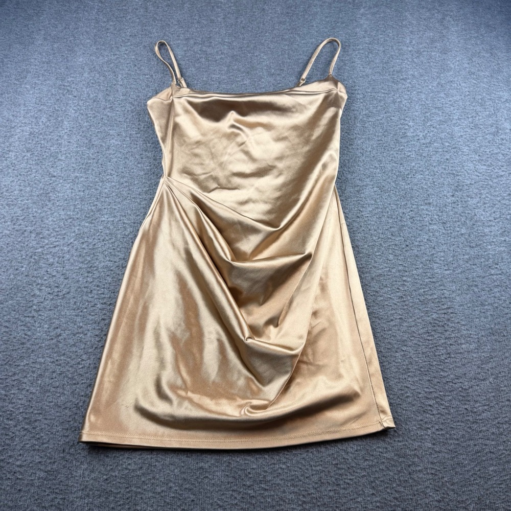 Lucy in the‎ Sky Mini Dress Women's Medium Gold Satin Draped Cocktail Party